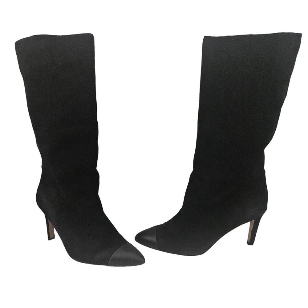 Ann Taylor Black Leather Cap Pointed Toe Mid Calf Heeled Boot sz 8M Minimalist